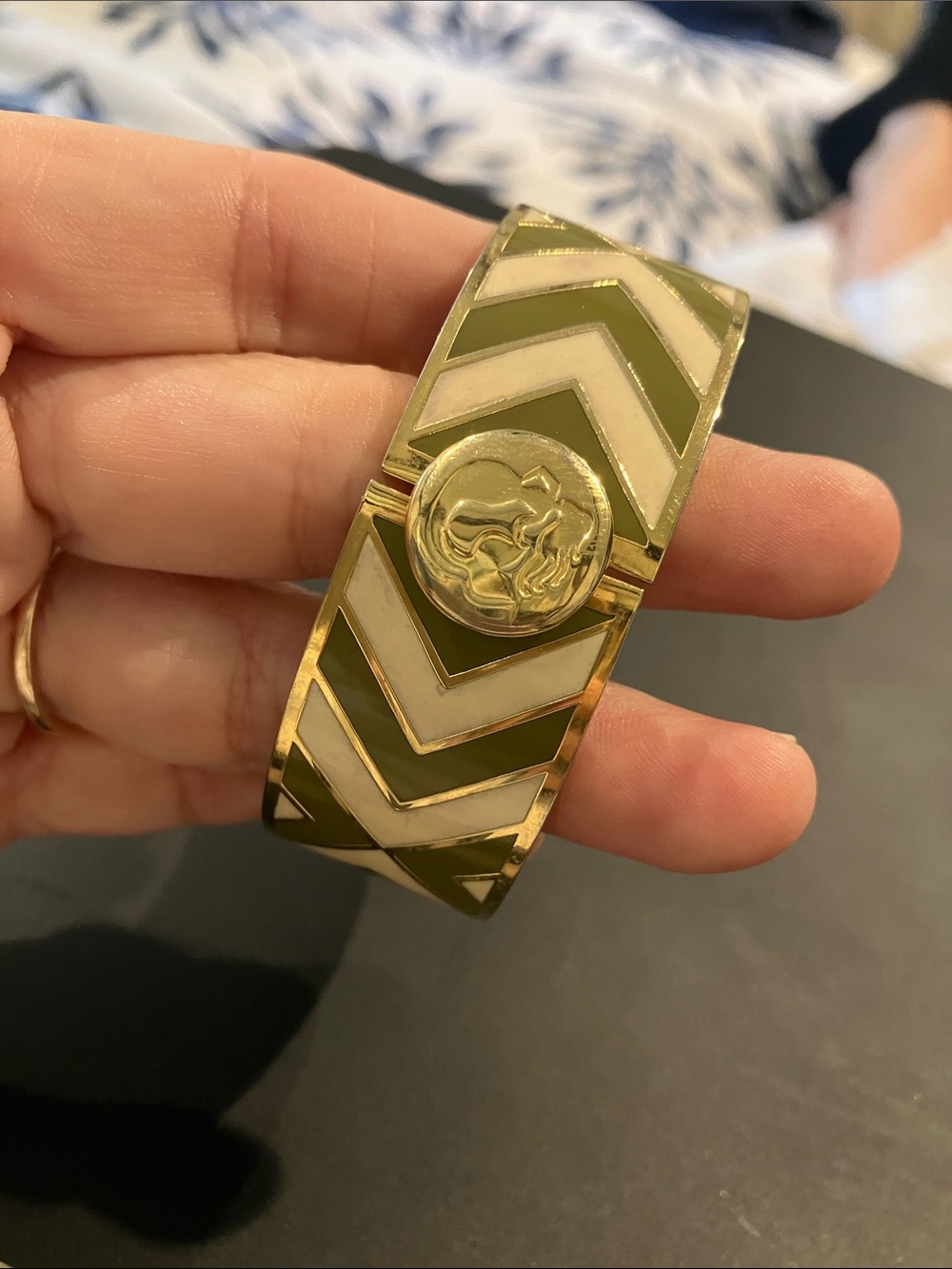 Spartina Gold-Tone Green & Cream Chevron Cuff Bracelet